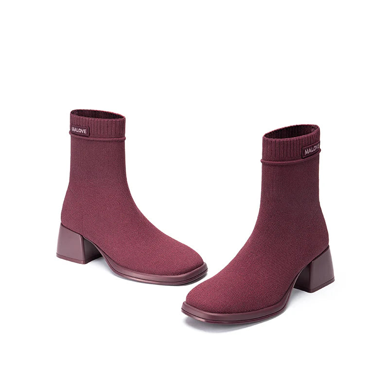 Stretch Knit Sock Boots - Wine