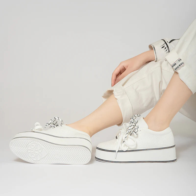 Dual Lace Platform Knit Sneakers - White