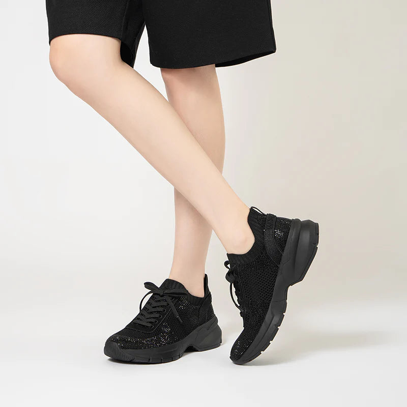 Rhinestone Mesh Knit Chunky Platform Sneakers - Black