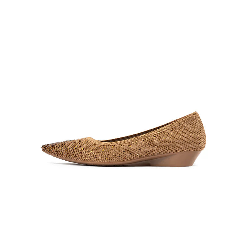 Rhinestone Gradient Knit Pointed Toe Wedge Flats - Tan
