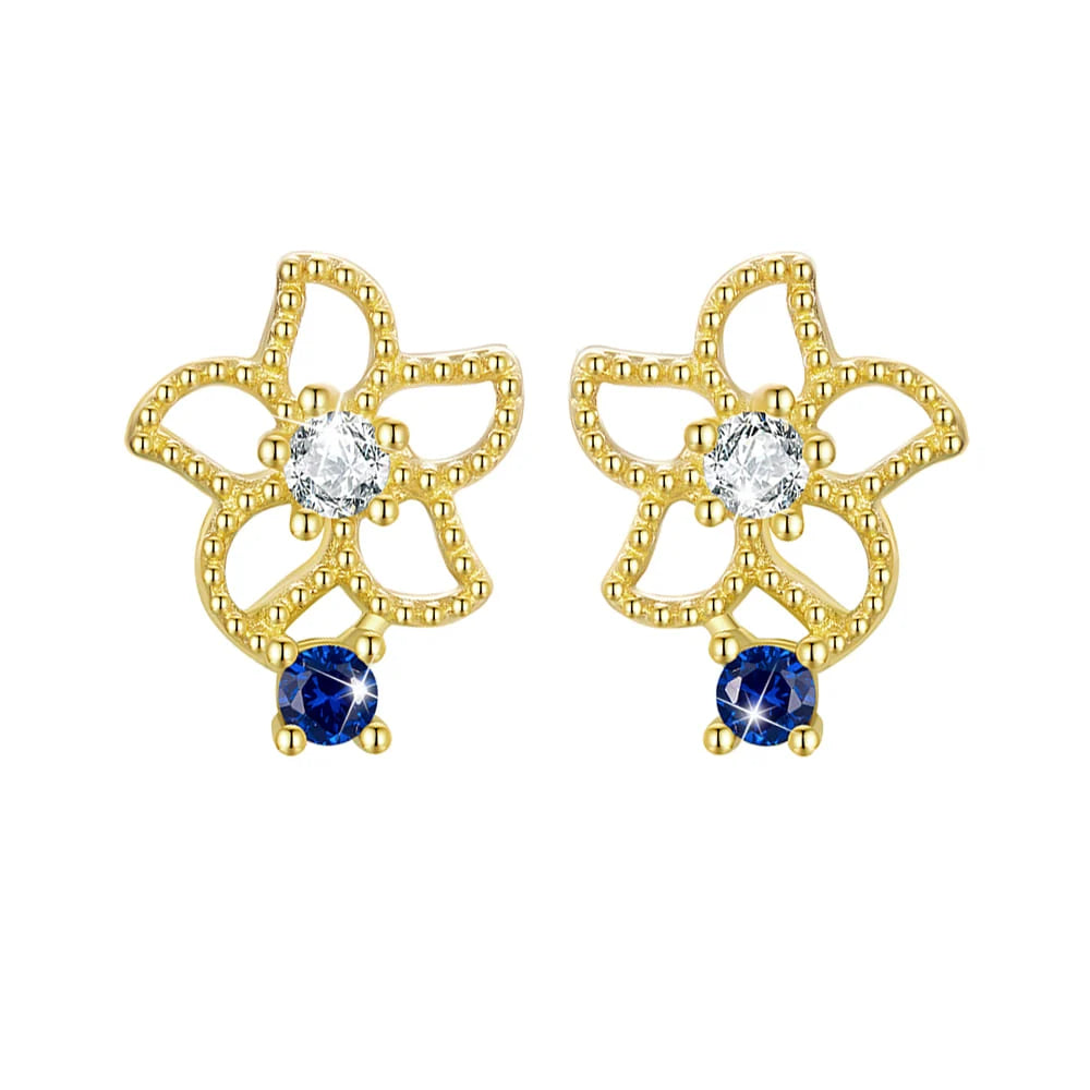 Solid 925 Signature Silver Mono Blue Flower Earrings In Gold