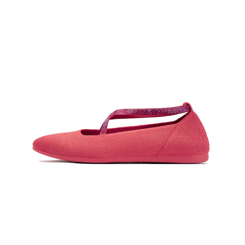 Rhinestone Cross Strap Knit Ballet Flats - Watermelon
