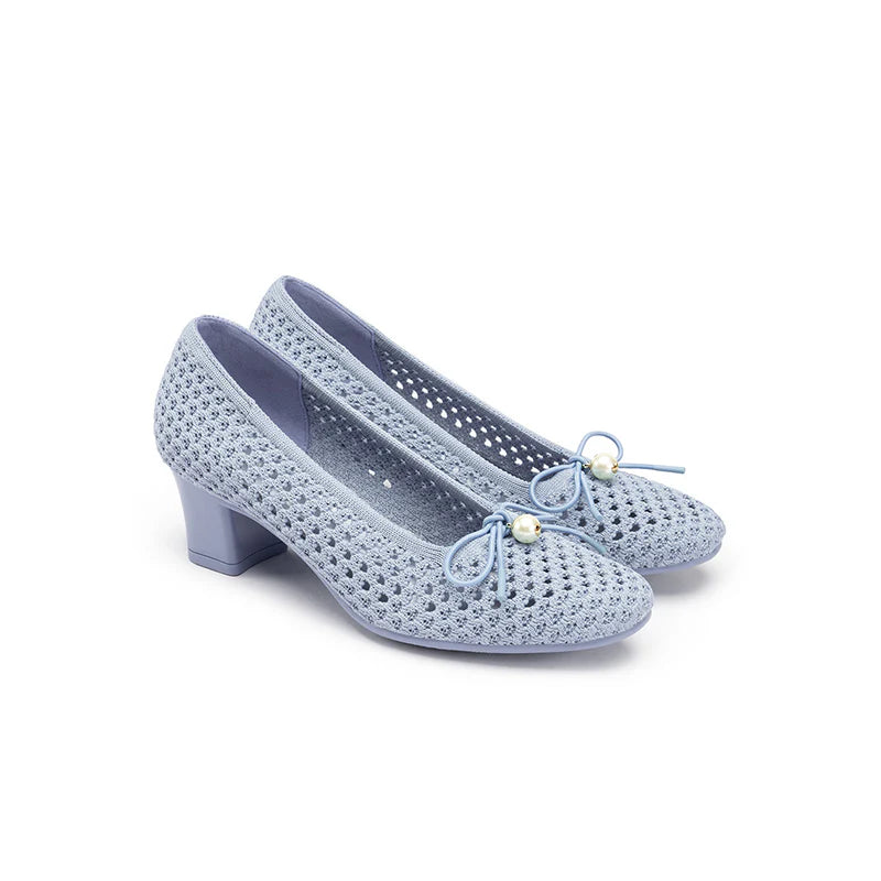 Pearl Bow Mesh Knit Round Toe Pumps - Blue