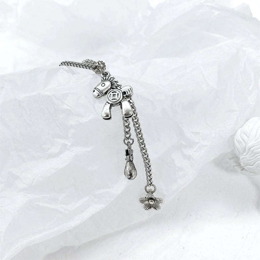 Bullion Gold Petite Pony and Flower Long Chain Necklace in White Gold