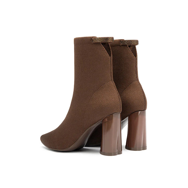 Pointed Toe Block Heel Knit Ankle Boots - Coffee