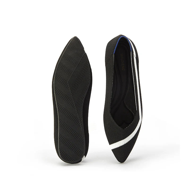 Comfortable Woven Striped Pointed Toe Flats - Black