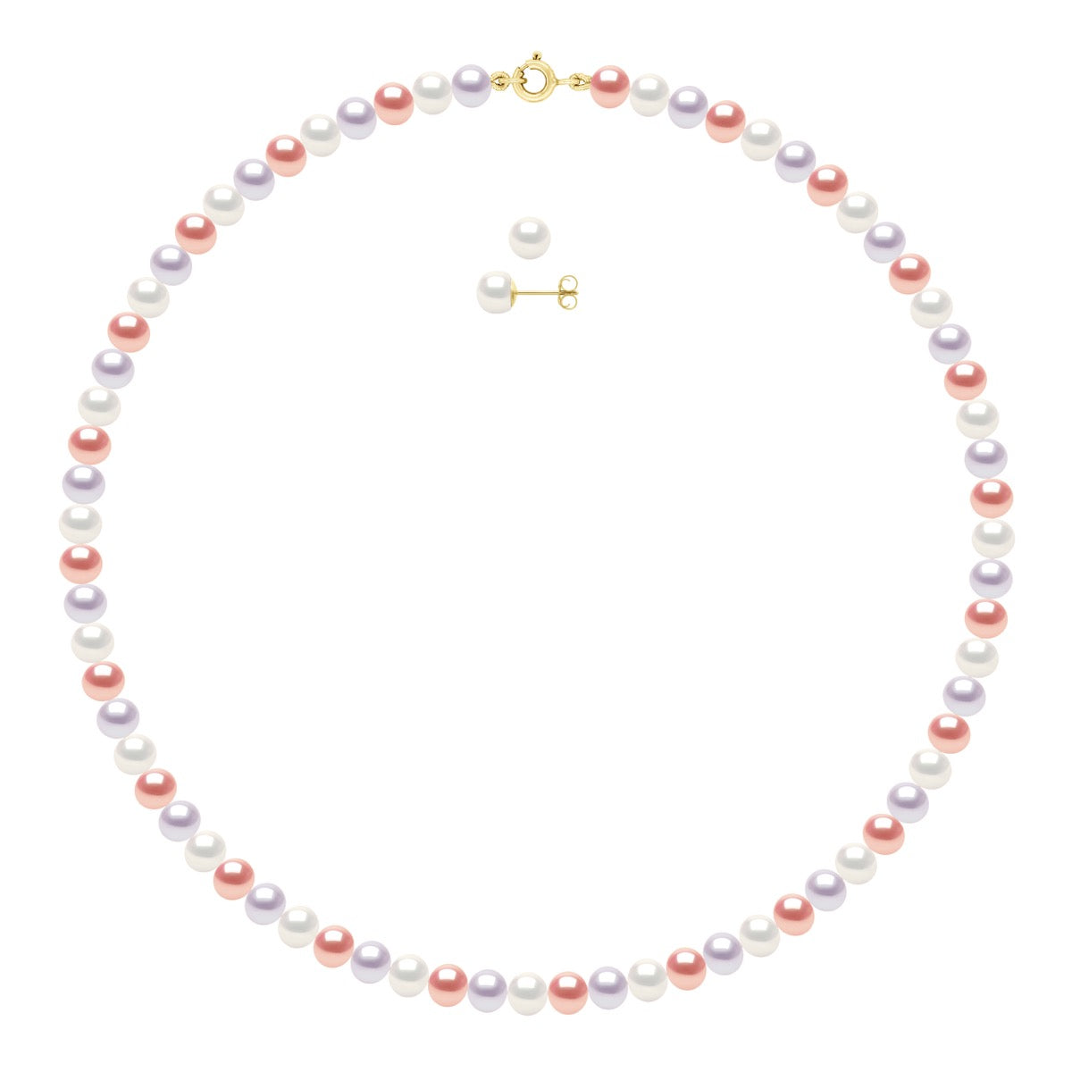 Set Being Composed of : Necklace of Real Cultured Freshwater Pearls Semi Round 6-7 mm with Spring Ring Clasp Ergonomic - Multicolor ( Lavender - Length Necklace 45 cm