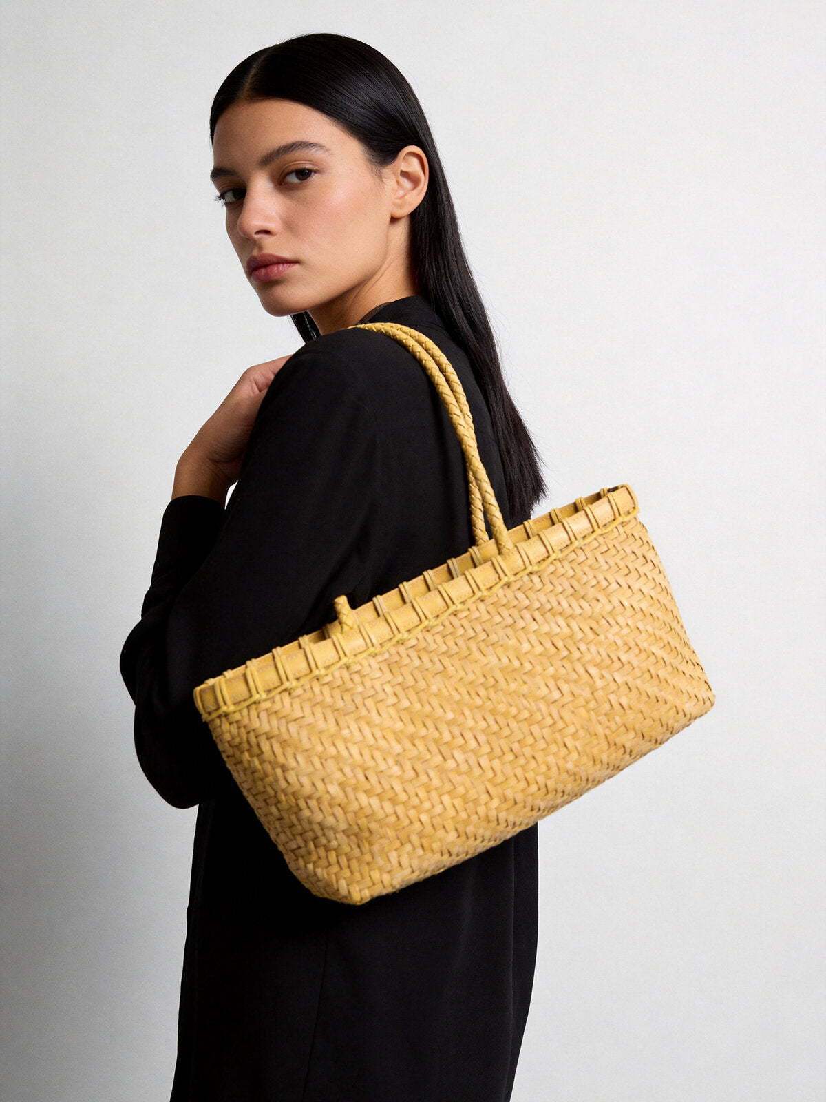 Handwoven Leather Market Basket Tote - Yellow