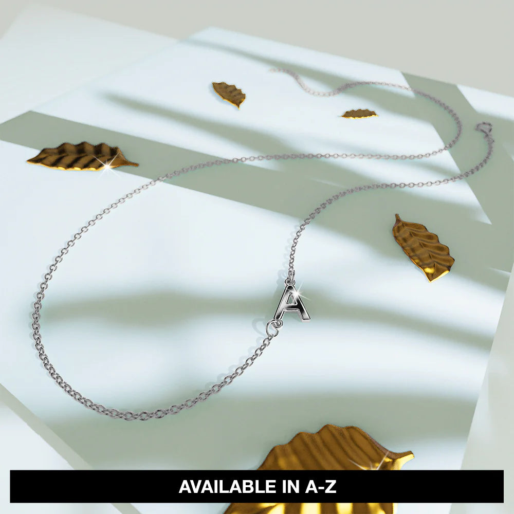 Bullion Gold Bold Alphabet Letter Initial Charm Necklace in White Gold Tone