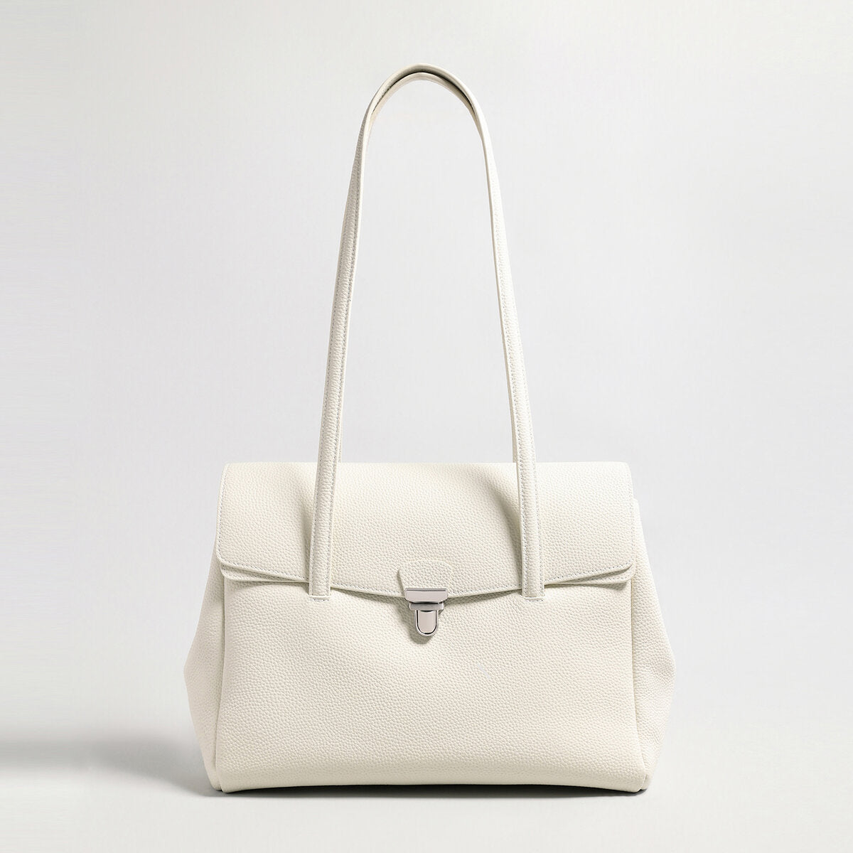 Pebbled Leather Turn-Lock Shoulder Tote Bag - Ivory