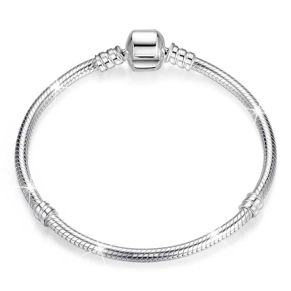 Solid 925 Sterling Silver Pandora Inspired Barrel Clasp Snake Chain Bracelet