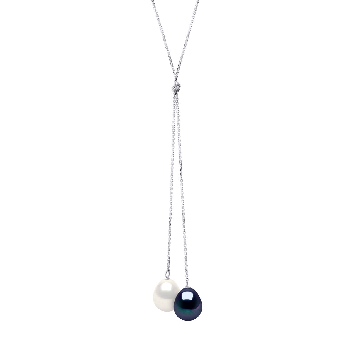 Necklace " You & Me" 2 Real Cultured Freshwater Pearls Pear 9-10 mm - "Natural Pearl White" + Black "Tahitian Style" - Longueur 42 cm