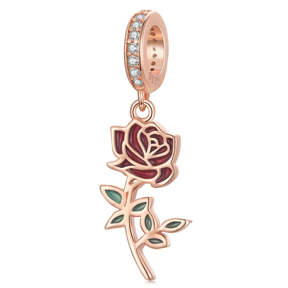 Solid 925 Signature Silver Blooming Rose Charm In Rose Gold