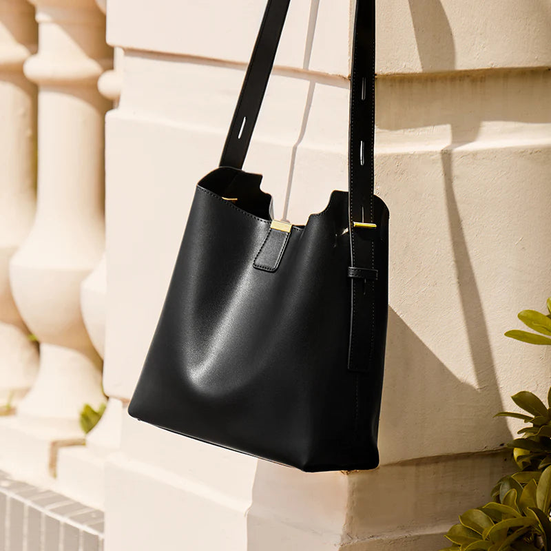 Nalandu Minimalist Genuine Leather Bucket Shoulder Bag - Black