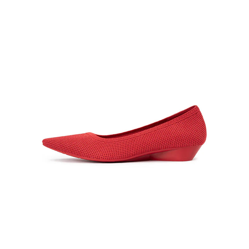 Diagonal Cut Knit Pointed Toe Wedge Flats - Red