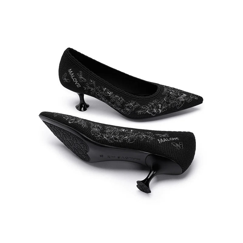 Enchanted Butterfly Pointed Toe Kitten Heels - Black