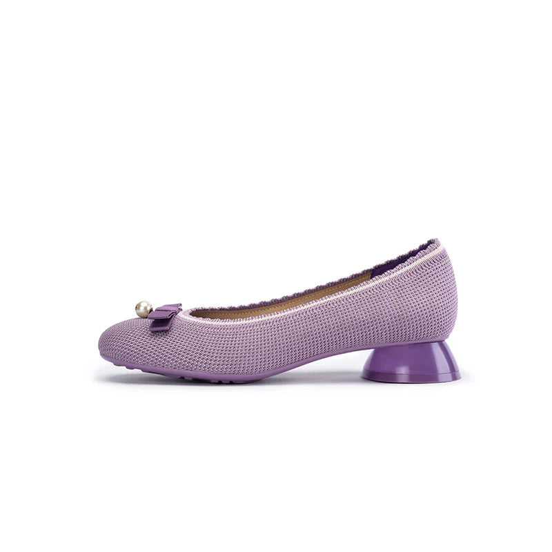 Pearl Bow Knit Square Toe Loafer Pumps - Lavender