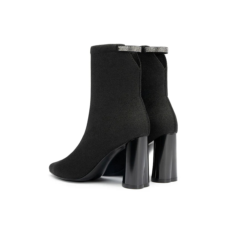 Pointed Toe Block Heel Knit Ankle Boots - Black