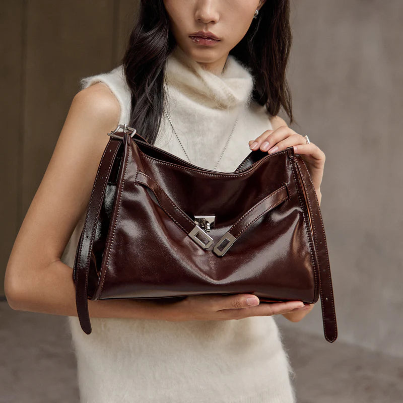 Nalandu Luxe Slouch Lock Shoulder Bag - Chocolate