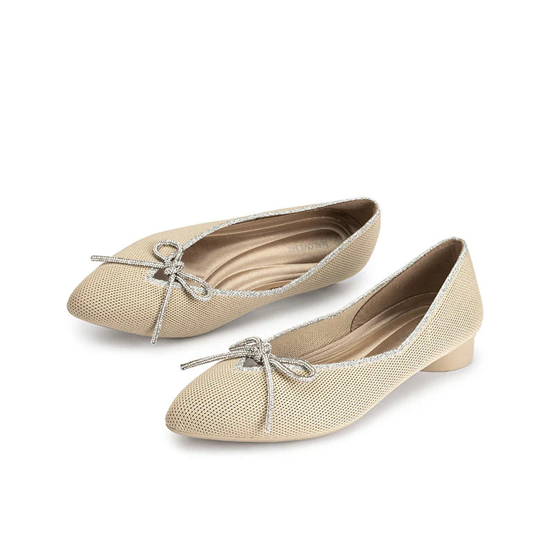 Rhinestone Bow Ballet Flats - Beige