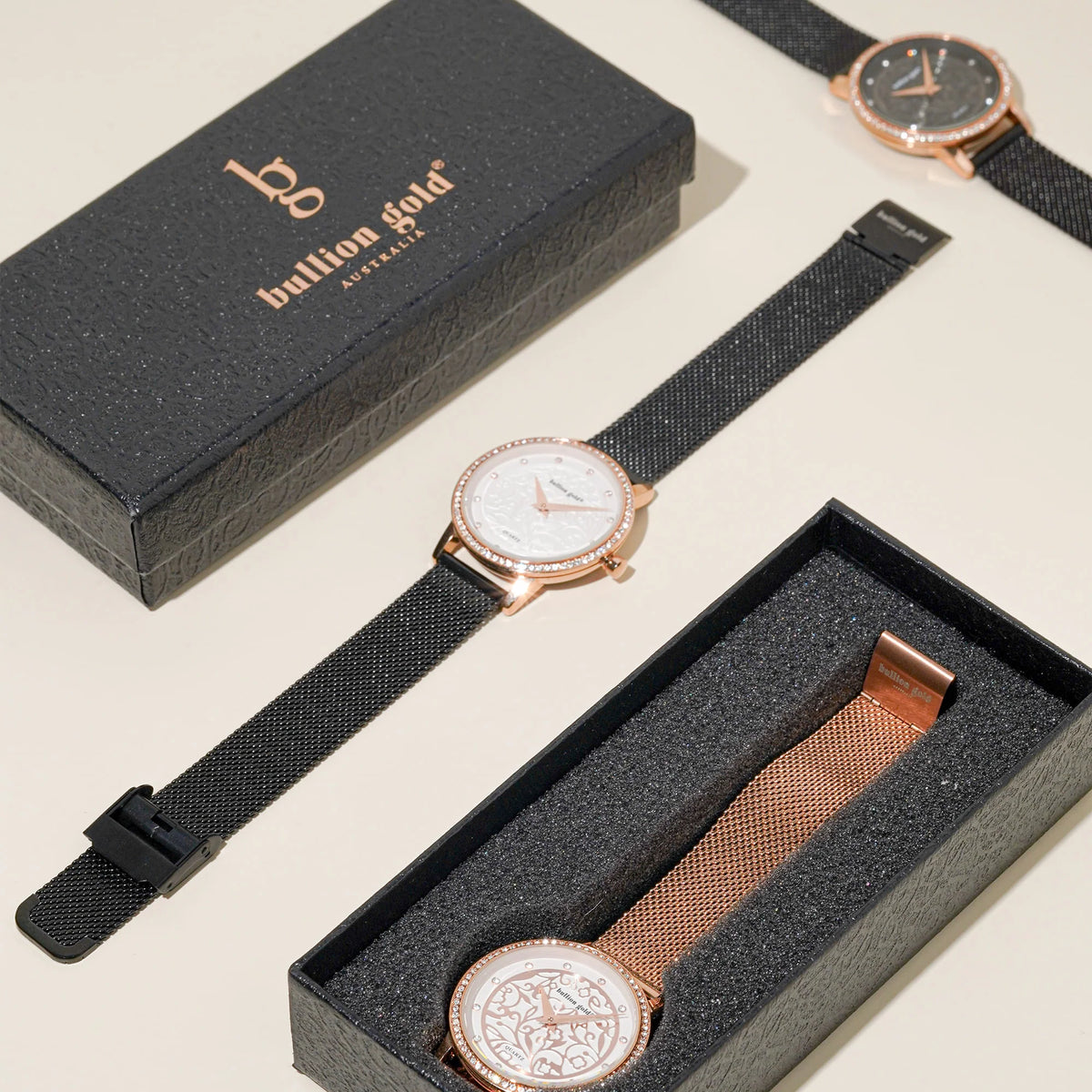 Boxed Bullion Gold Elite watch and Bracelet Set Embellished with Crystals in Rose Gold