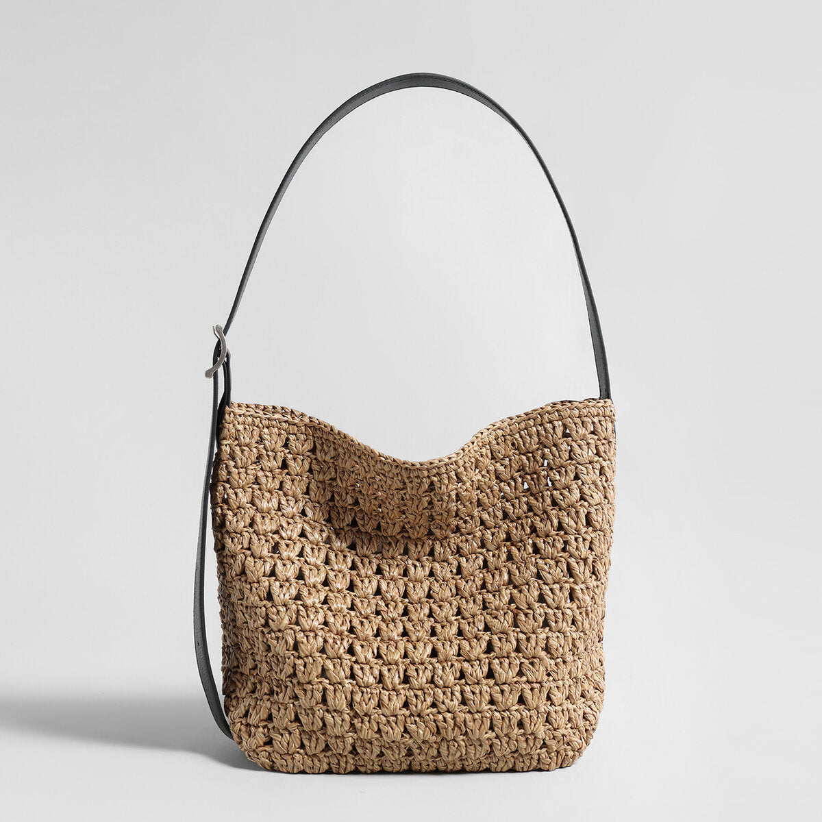 Hand-Woven Raffia Bucket Bag - Khaki