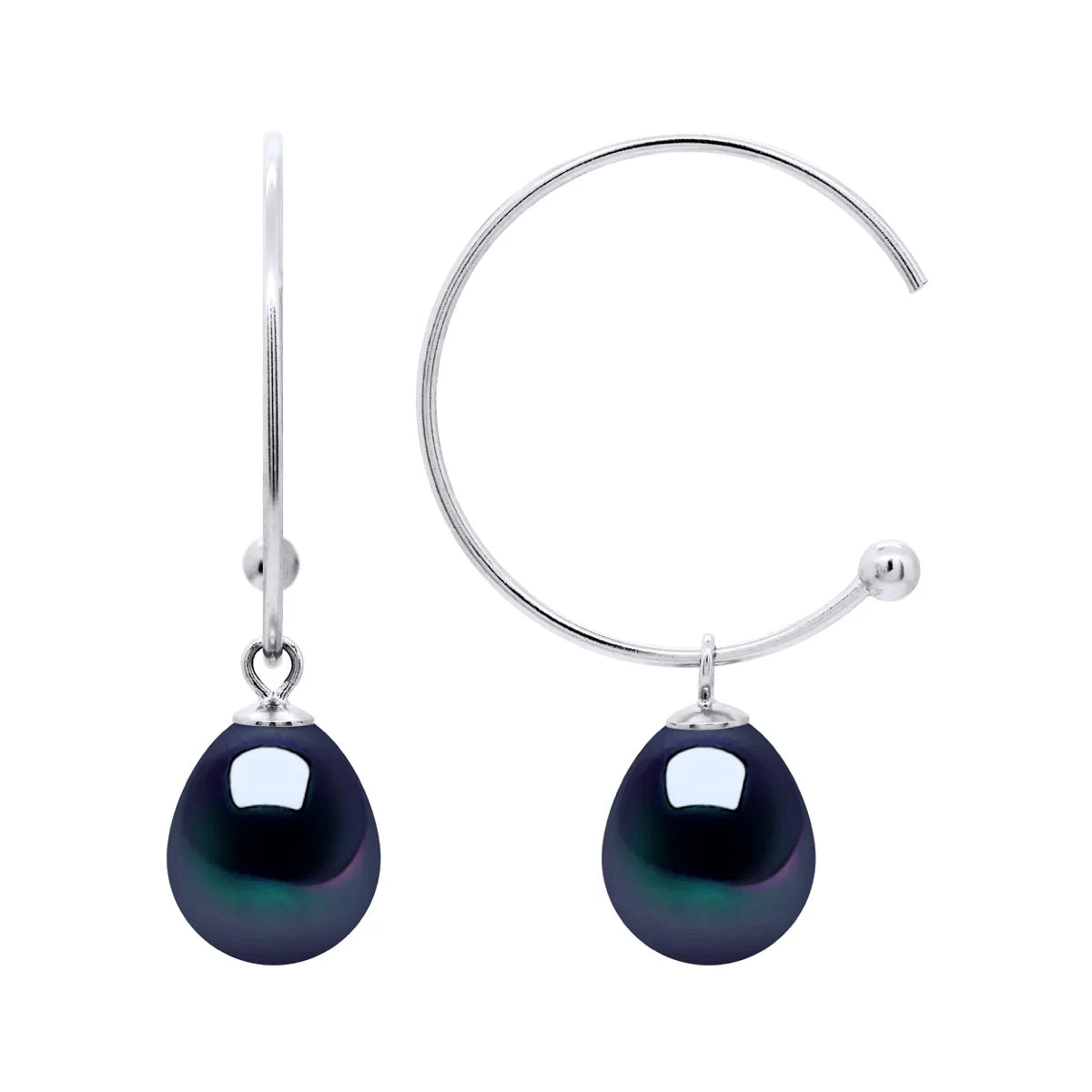 Hoop Drop Earrings Freshwater Pearl Black Sterling Silver 9-10mm
