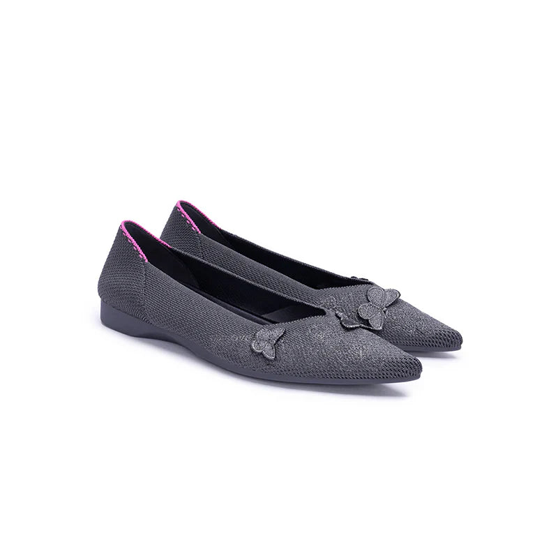 Butterfly Floral Knit Pointed Toe Ballet Flats - Charcoal