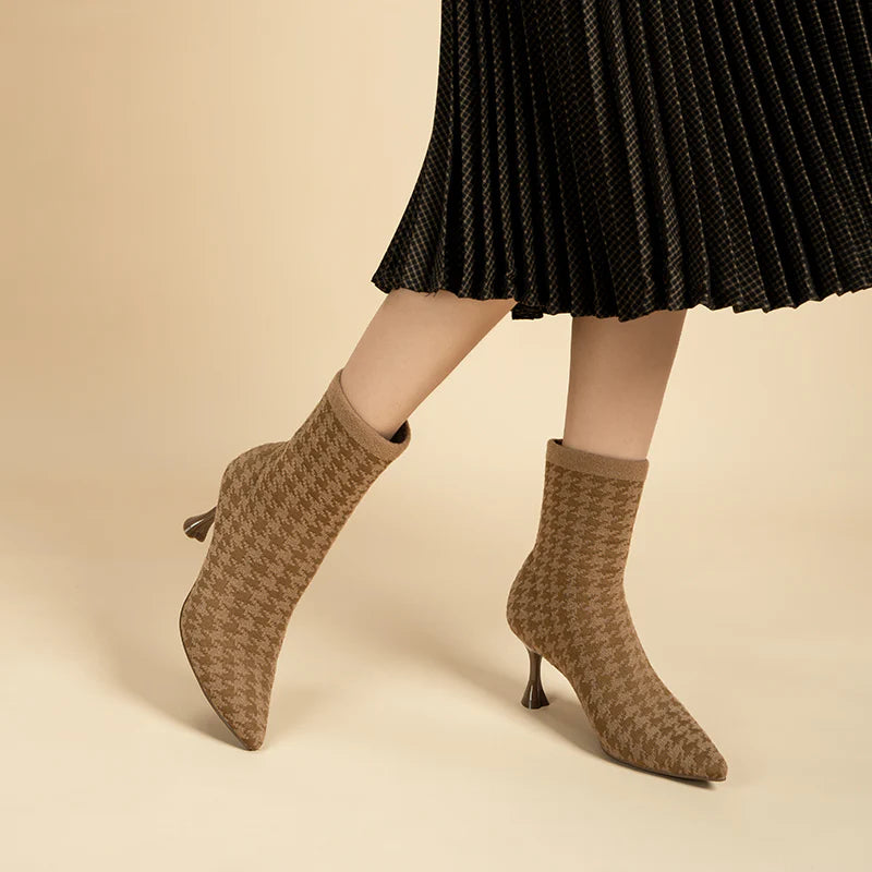 Pointed Toe Stiletto Heel Stretch Ankle Boots - Mocha