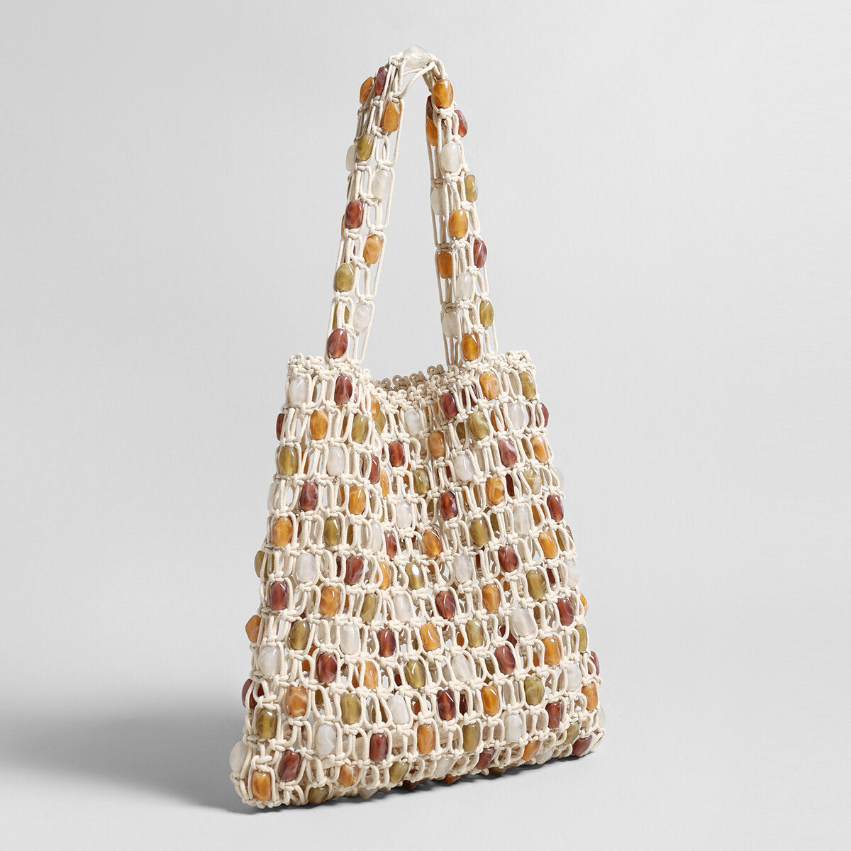 Beaded Macramé Net Tote Bag - Ivory