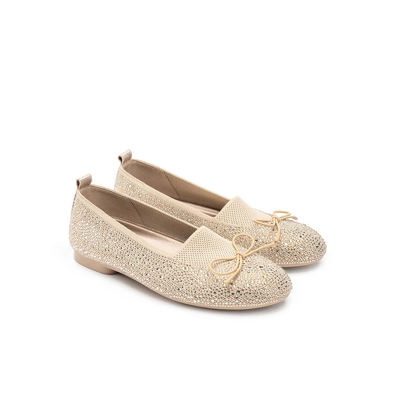 Rhinestone Bow Knit Round Toe Ballet Flats - Champange