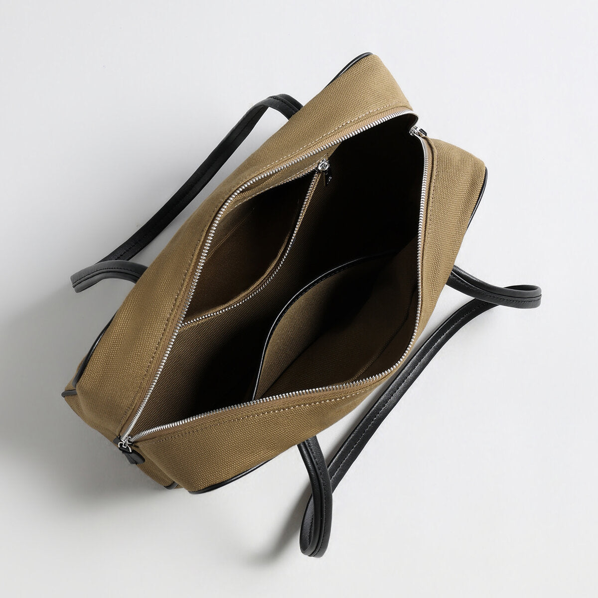 Canvas & Sheepskin Leather Box Tote Bag - Khaki