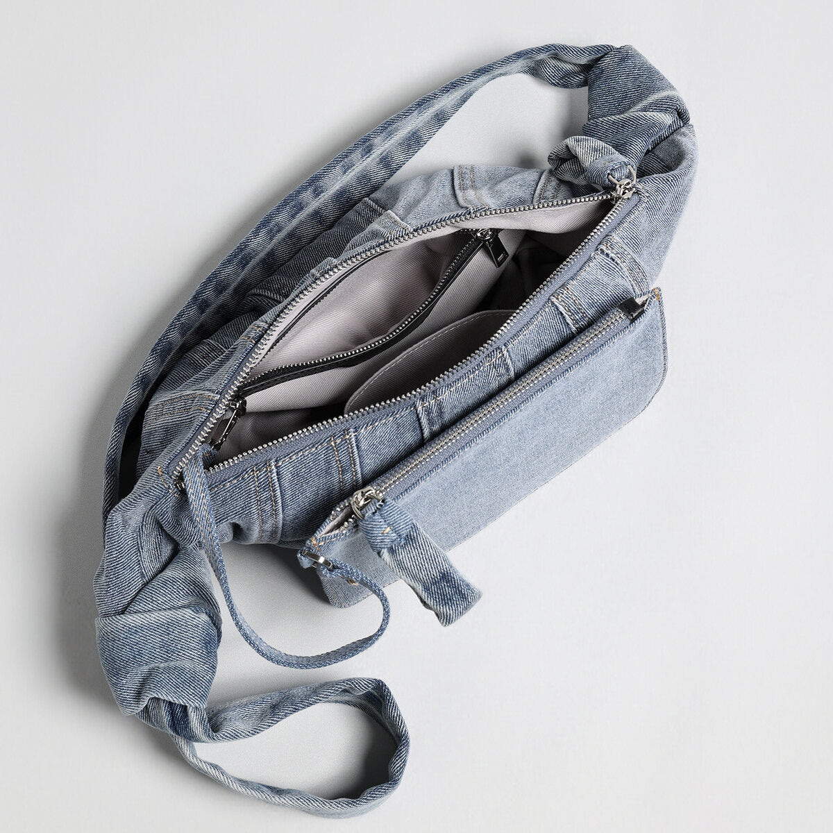 Washed Denim Croissant Shoulder Bag - Denim