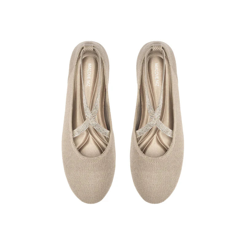 Rhinestone Cross Strap Knit Ballet Flats - Sand
