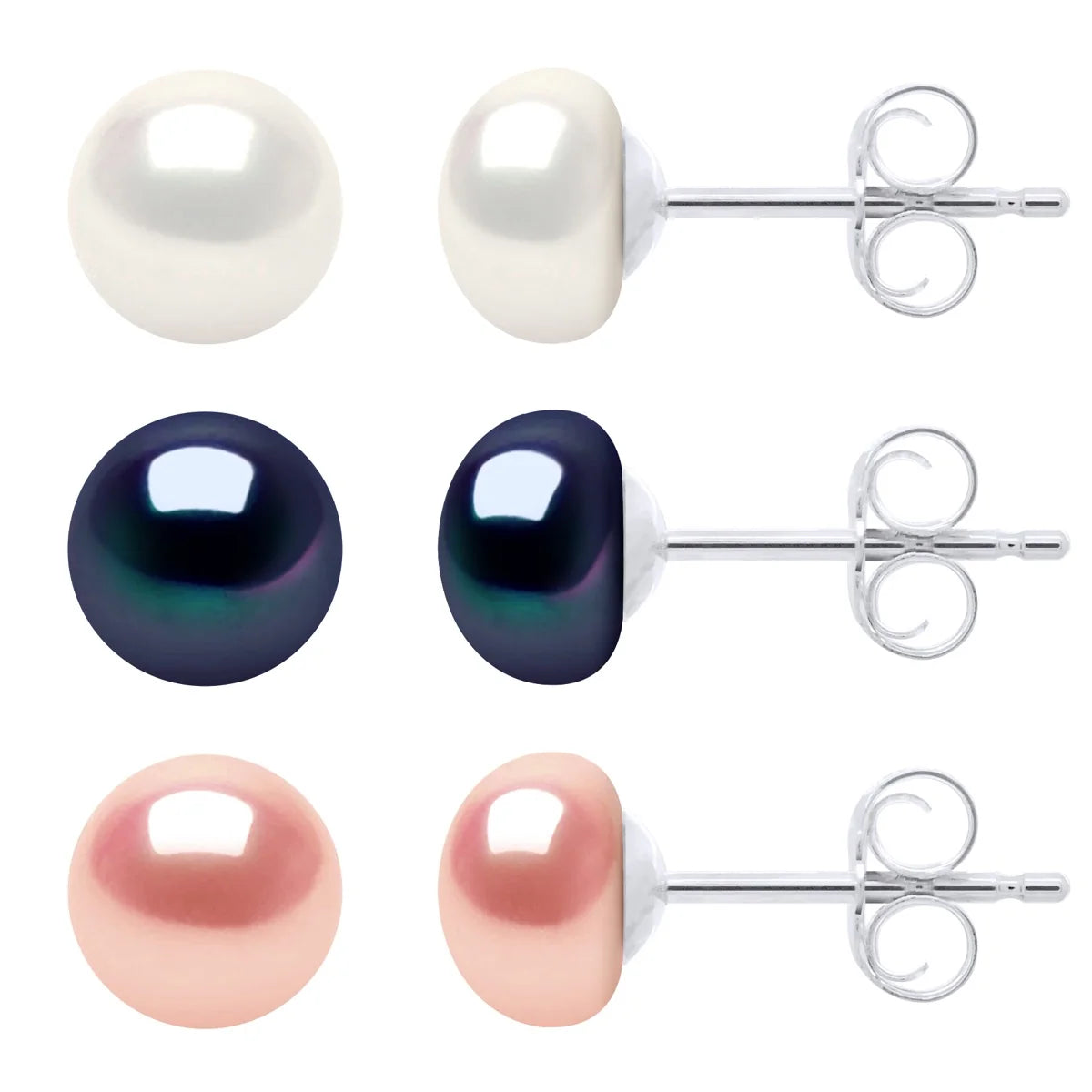 3 Pair Earring Set Freshwater Pearl White & Black & Pink 6-7mm
