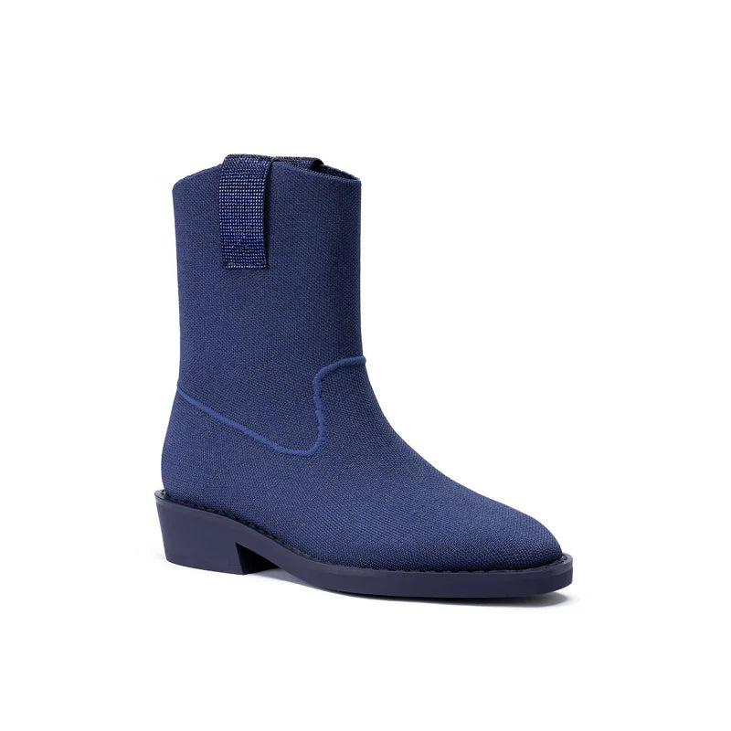 Knit Block Heel Ankle Boots - Navy