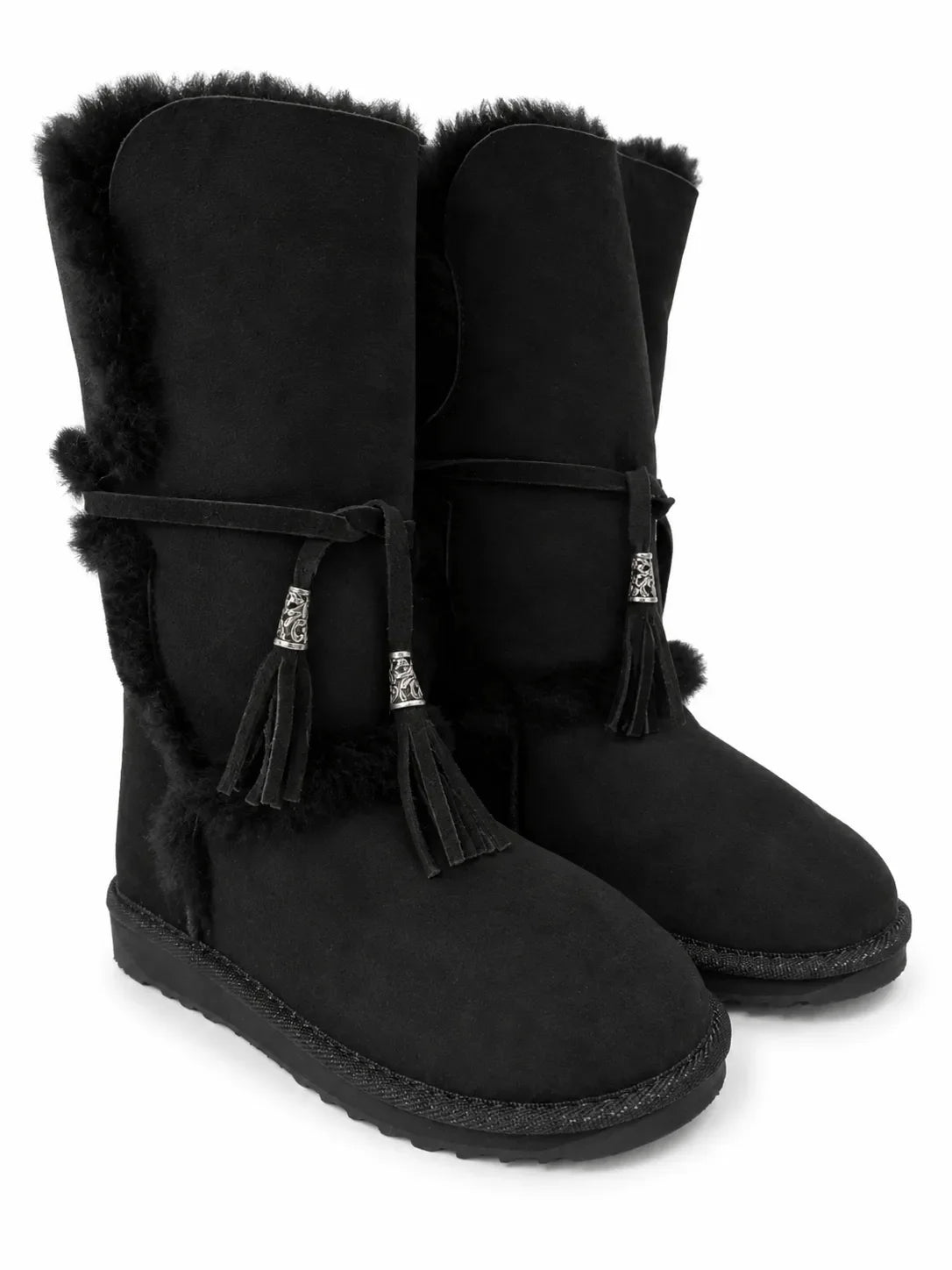 Australian Leather Ugg Long Boho Tassel Tie Sheep Skin - Black - AU6