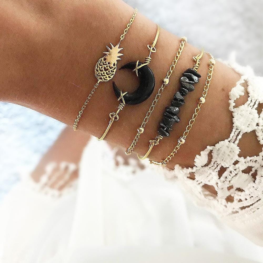 Boxed Bohemian Multi Layered Charm Bead Bracelet and Drop Earrings Set - Black