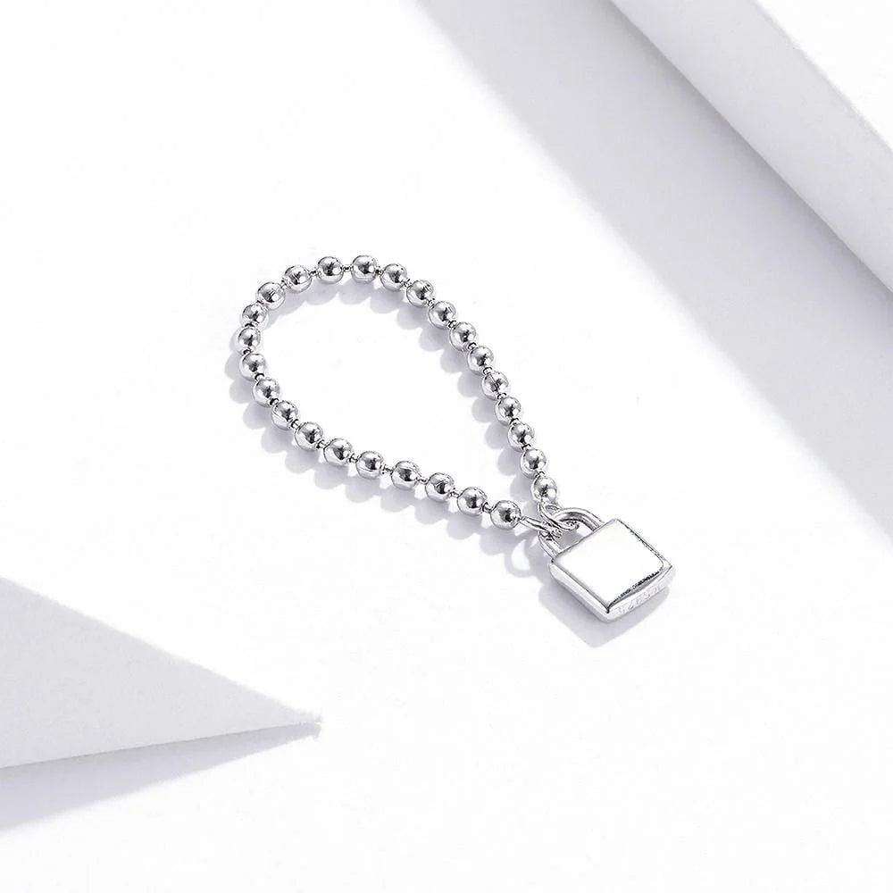 Solid 925 Sterling Silver Padlock Ball Chain Ring