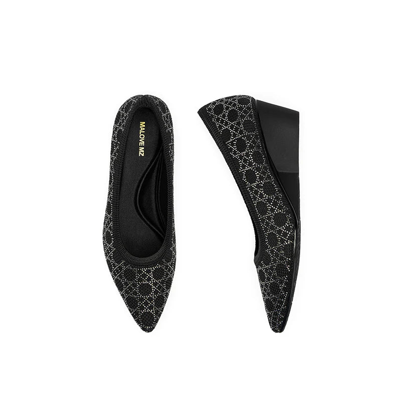 Rhinestone Check Knit Pointed Toe Wedge Pumps - Black