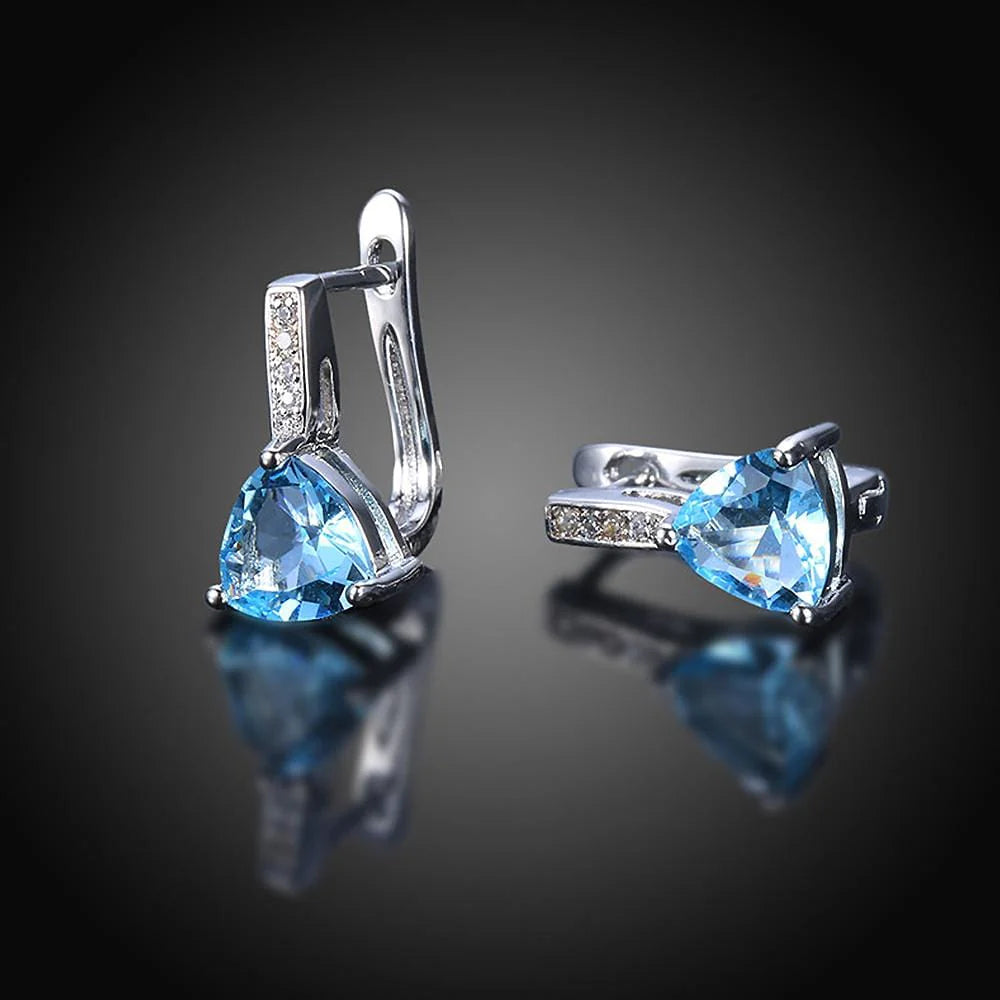 Bullion Gold Stunning Blue Zirconia Triangular Latchback White Gold Plated Earrings