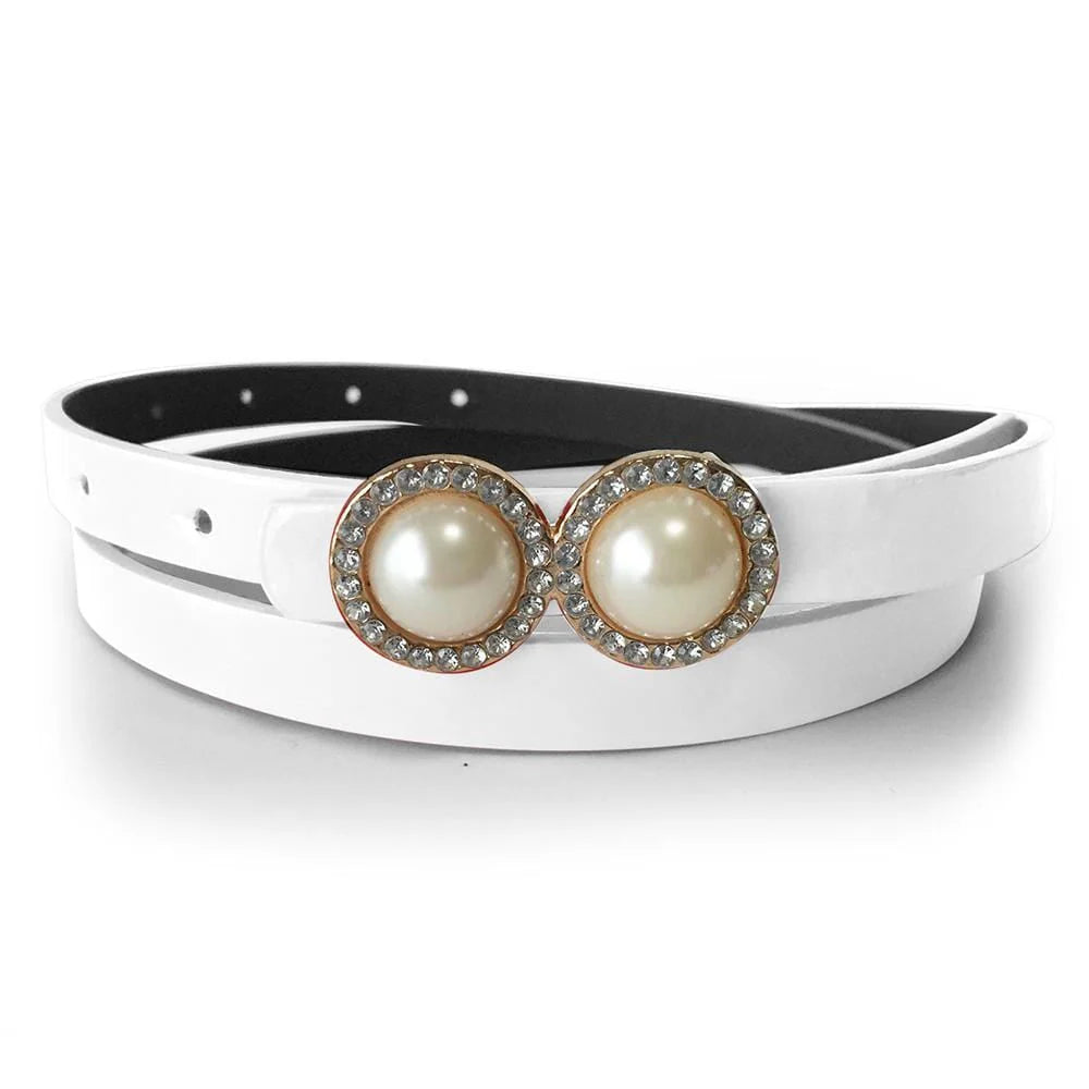 White Leather Belt With Pearls & Crystals