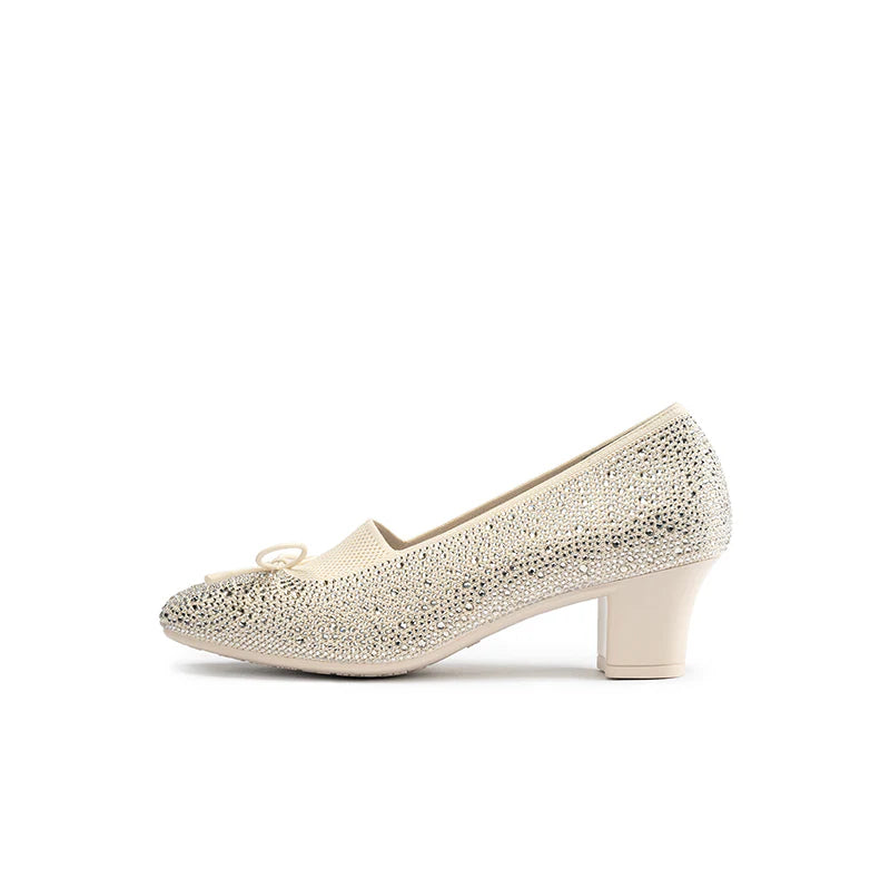 Rhinestone Bow Knit Round Toe Block Heel Pumps - Ivory