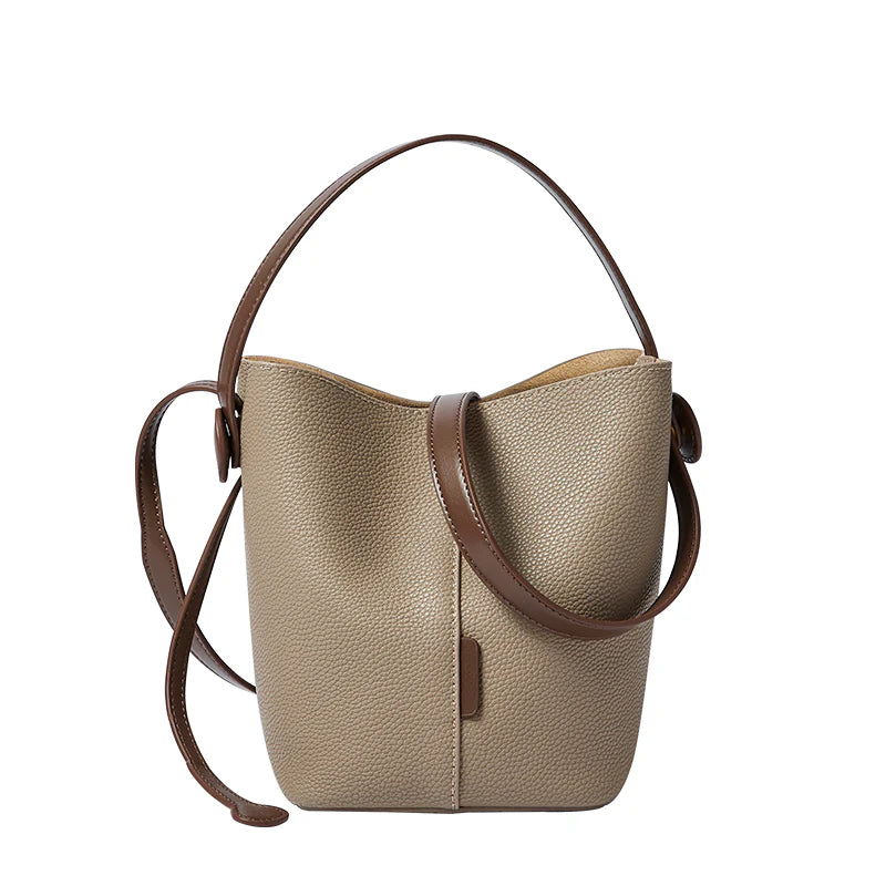 Nalandu Soft Pebbled Leather Bucket Shoulder Bag - Taupe