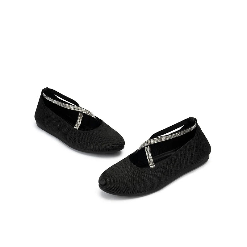Rhinestone Cross Strap Knit Ballet Flats - Black