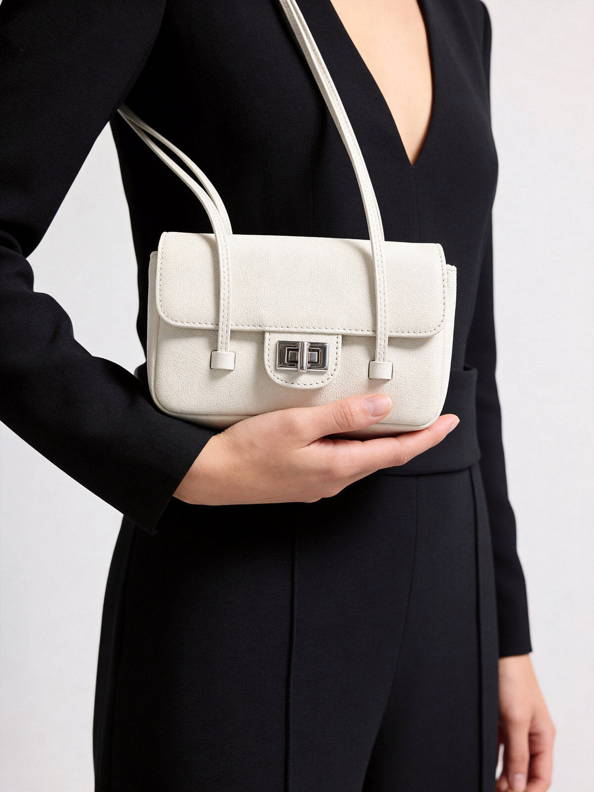 French Chic Pebbled Leather Baguette Bag - White