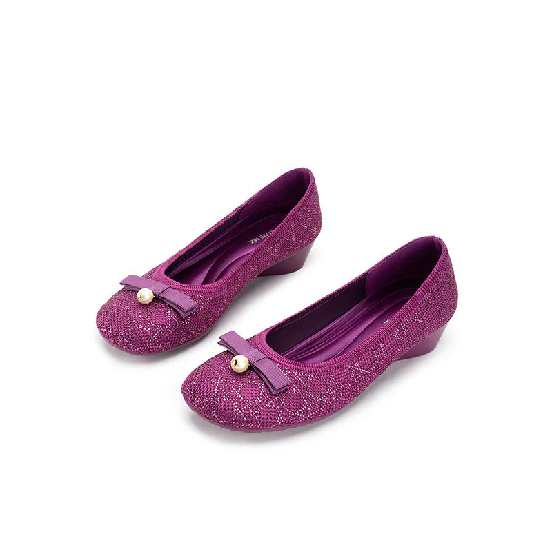 Pearl Bow Czech Crystal Knit Round Toe Wedge Pumps - Fuchsia