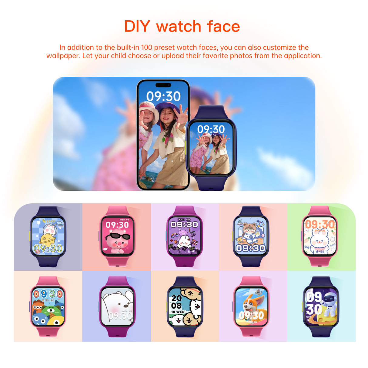 Bluetooth Kids Smart Watch 1.69" Screen Children Monitor Temperature Heart Rate Sleep BLE 5.0 - Purple