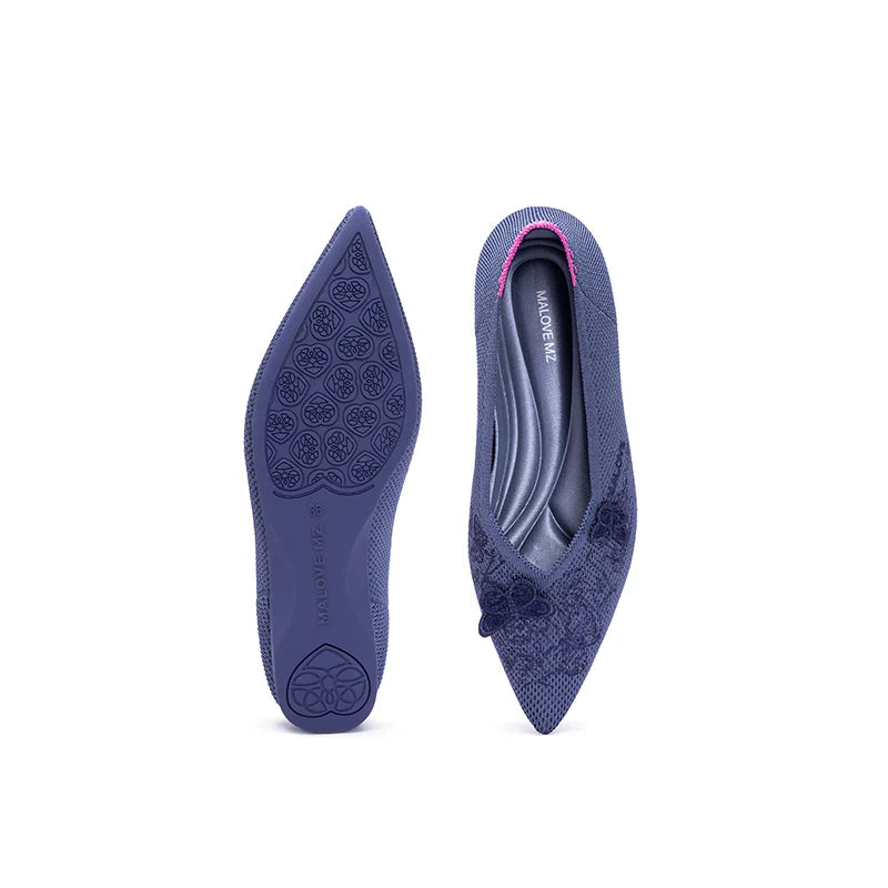 Butterfly Floral Knit Pointed Toe Ballet Flats - Indigo