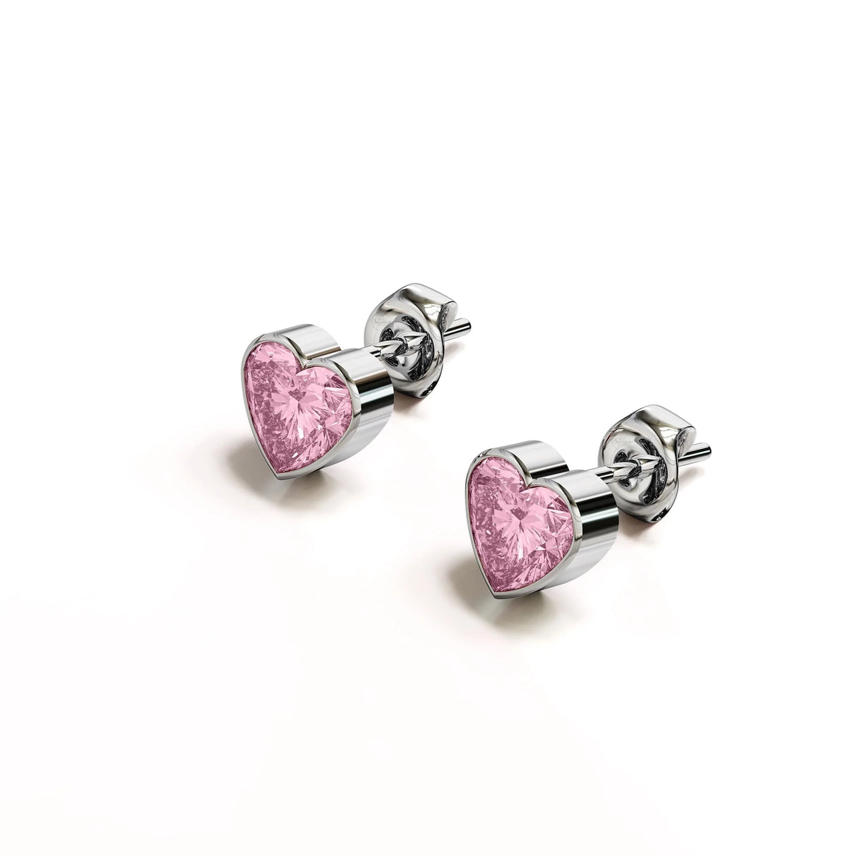 Solid 925 Sterling Silver Heart Bezel Studs Pink